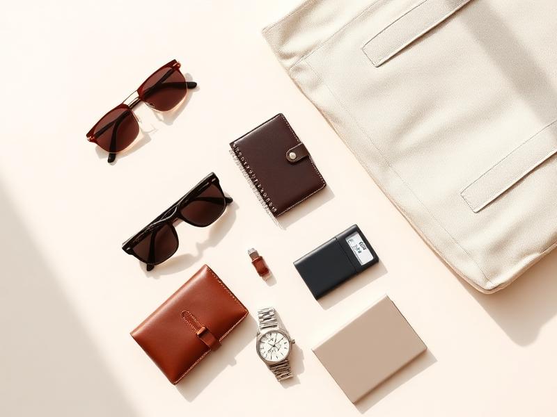 Flat-lay of lifestyle accessories including a wallet, sunglasses, and a tote bag