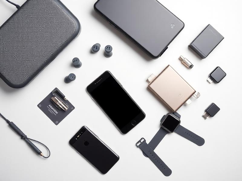 Flat-lay of modern electronics including smartphones, earbuds, and a smartwatch